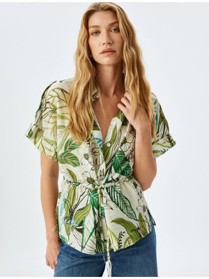 Koton Floral Desenli Beli Bağlama Detaylı Viskon Kısa Kollu Oversize Gömlek
