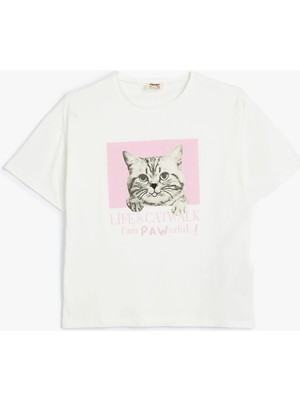 Koton Tişört Kedi Baskılı Bisiklet Yaka Kısa Kollu Pamuklu