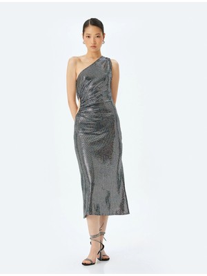 Koton Tek Omuz Pullu Payetli Pencere Detaylı Midi Abiye Elbise