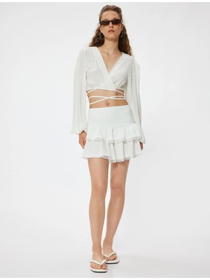 Koton Fırfırlı Mini Etek Bürümcük Katlı Beli Lastikli Dantel Detaylı