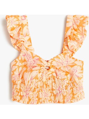 Koton Keten Crop Bluz Kolsuz Çiçekli Gipe Detaylı