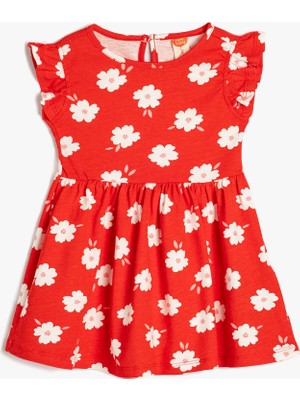 Koton Bisiklet Yaka Kısa Kollu Fırfır Detaylı Pamuklu Elbise