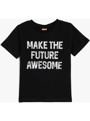 Koton Slogan Baskılı Kısa Kollu Bisiklet Yaka Pamuklu Tişört