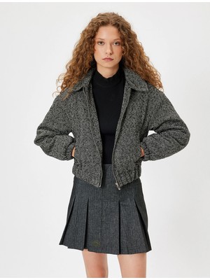 Koton Bomber Ceket Kapüşonlu Balık Sırtı Desenli Cepli Fermuarlı