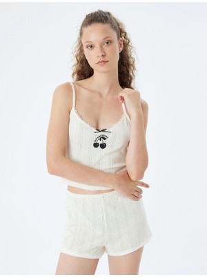 Koton Askılı Crop Pijama Üstü Kiraz Baskılı Pamuklu
