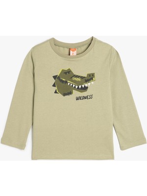 Koton T-Shirt Timsah Baskılı Uzun Kollu Pamuklu Erkek Çocuk Günlük Stil Truvakar Kol