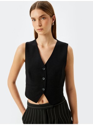 Koton Keten Viskon Karışımlı Düğmeli V Yaka Blazer Yelek