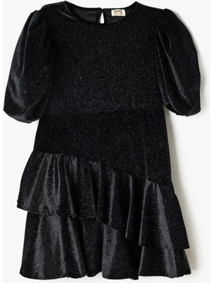 Koton Kadife Elbise Balon Kollu Fırfırlı Sim Detaylı Katlı