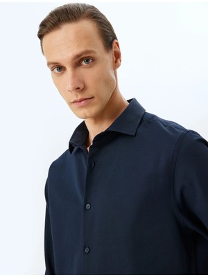 Koton Klasik Gömlek Uzun Kollu Yarım Italyan Yaka Pamuk Karışımlı