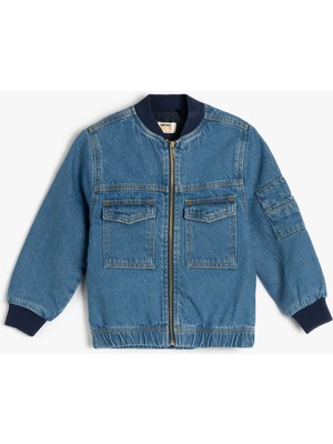 Koton Pamuklu Uzun Kollu Kapaklı Cepli Oversize Bomber Denim Ceket