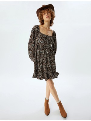 Koton Balon Kol Elbise Mini Etnik Desenli Volanlı Bağcıklı Kare Yaka