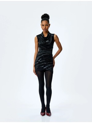 Koton Slim Fit Degaje Yaka Kolsuz Midi Kadife Elbise