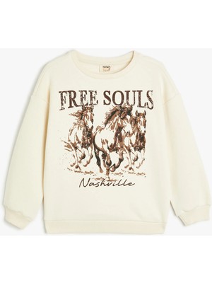 Koton Sweatshirt Uzun Kollu Bisiklet Yaka Baskı Detaylı