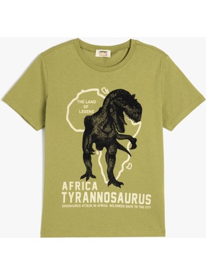 Koton Dinozor Baskılı Bisiklet Yaka Kısa Kollu Pamuklu Haki Erkek Çocuk T-Shirt 5SKB10217TK