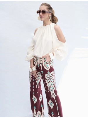 Koton x Melis Ağazat - Etnik Desenli Geniş Paça Pantolon Cepli Viskoz Kumaş