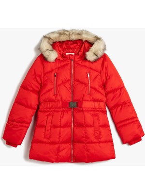 Koton Şişme Kaban Suni Kürk Detaylı Kapşonlu Cepli Fermuarlı Kemer Detaylı