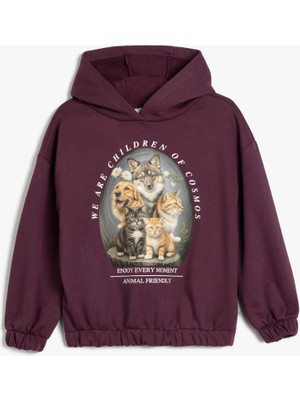 Koton Kapşonlu Sweatshirt Hayvanlar Baskı Detaylı Uzun Kollu Şardonlu