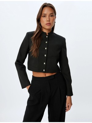 Koton Crop Ceket Dik Yaka Cepli Düğmeli Uzun Kolu