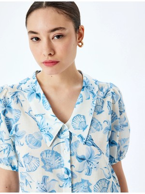 Koton Balon Kol Çiçekli Düğmeli Crop Oversize Gömlek