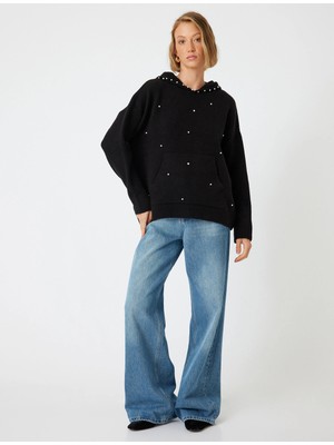 Koton Kapüşonlu Oversize Triko Kazak Taşlı Uzun Kollu