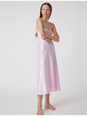 Koton Uzun Saten Gecelik Askılı Drape Detaylı Rahat Kalıp