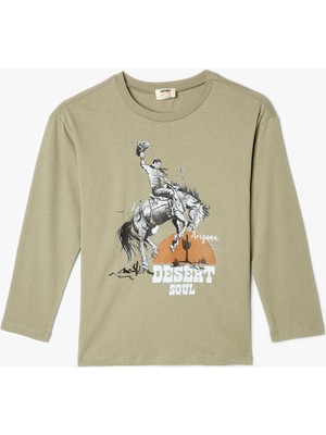 Koton Oversize Tişört Kovboy Baskılı Uzun Kollu Bisiklet Yaka Pamuklu