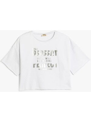 Koton Crop Tişört Slogan Baskılı Kısa Kollu Bisiklet Yaka Pamuklu