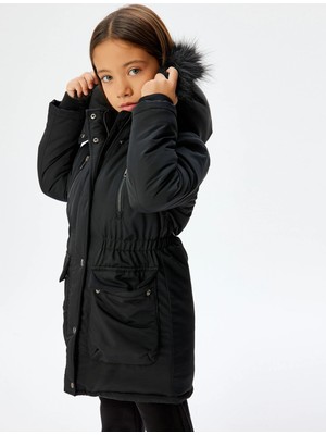 Koton Uzun Şişme Kapşonlu Mont Kürk Detaylı Cepli