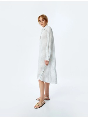 Koton Viskon Yarım Düğmeli Uzun Kollu Midi Boy Oversize Gömlek Elbise