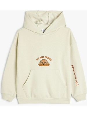 Koton Kapşonlu Sweatshirt Kanguru Cepli Uzun Kollu Köpek Baskılı Şardonlu