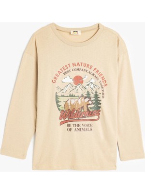 Koton Oversize Tişört Uzun Kollu Bisiklet Yaka Baskı Detaylı Pamuklu