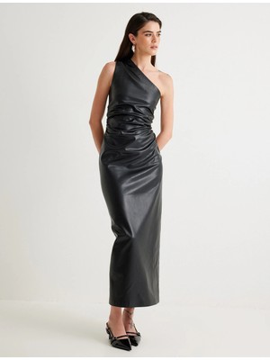 Koton Suni Deri Tek Omuz Slip Elbise Uzun Drapeli