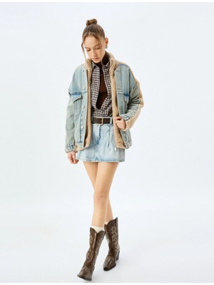 Koton Dik Yaka Düğmeli Cepli Kot Kumaş Detaylı Rahat Kalıp Peluş Ceket