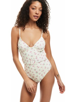 Koton Çiçekli Mayo Kemer Detaylı V Yaka Astarlı Pedli