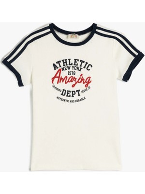 Koton Slogan Baskılı Bisiklet Yaka Kısa Kollu Pamuklu Crop Tişört