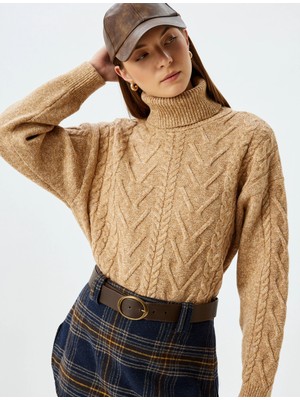 Koton x Sima Tarkan - Uzun Kollu Saç Örgü Dokulu Balıkçı Yaka Triko Kazak