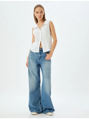 Koton Keten Karışımlı Gömlek Kolsuz Klasik Yaka Düğmeli