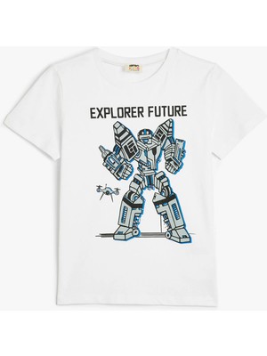 Koton Kısa Kollu Bisiklet Yaka Robot Baskılı Pamuklu T-Shirt