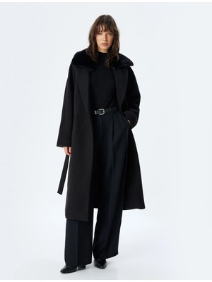 Koton Uzun Kaşe Kaban Suni Kürk Yaka Detaylı Cepli Kuşak Detaylı