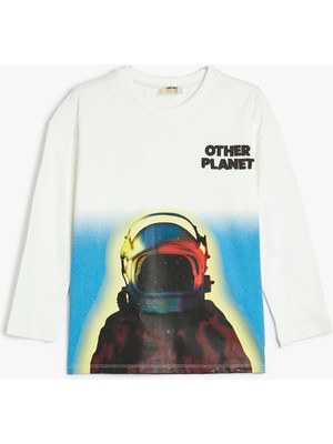 Koton Tişört Uzun Kollu Bisiklet Yaka Astronot Baskılı Pamuklu