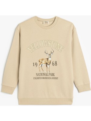 Koton Oversize Sweatshirt Hayvanlar Baskılı Uzun Kollu Bisiklet Yaka Şardonlu