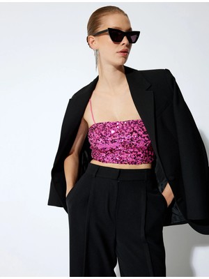 Koton Abiye Crop Bluz Pullu Payetli Ip Askılı Slim Fit