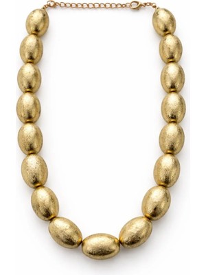 Altın Renk Dokulu Oval Boncuklu Tasarım Kolye