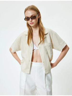 Koton Keten Karışımlı Gömlek Kısa Kollu Cep Detaylı Devrik Yaka Düğmeli