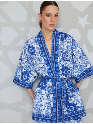 Koton Çiçek Desenli Uzun Kemerli Kimono Ceket