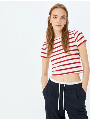Koton Basic Çizgili Bisiklet Yaka Kısa Kollu Kaşkorse Slim Fit Tişört
