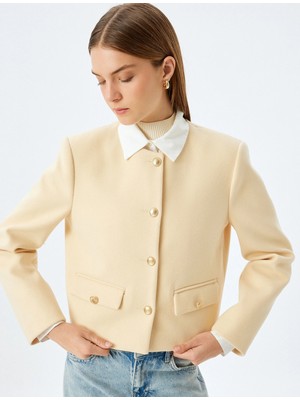 Koton Crop Blazer Ceket Yakasız Kapaklı Çift Cep Detaylı Slim Fit