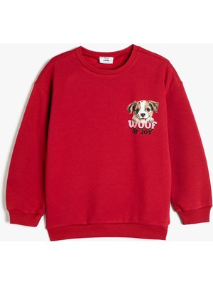 Koton Sweatshirt Köpek Baskılı Bisiklet Yaka Uzun Kollu Şardonlu
