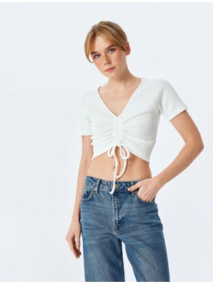 Koton Büzgülü Slim Fit V Yaka Kısa Kollu Crop Tişört