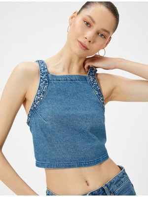 Koton Taşlı Halter Yaka Kot Üst Arkası Dekolteli Fiyonk Bağlamalı